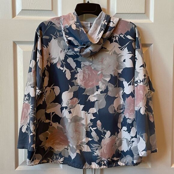 PINK AND BLUE FLORAL XINWEI ZIPPERED HOODIE PLUS SIZE 52 - Picture 7 of 8